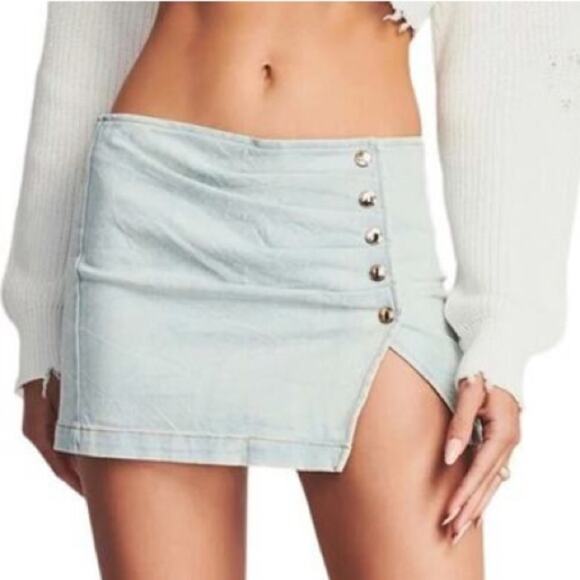 RETROFETE Willa Low Rise Skirt Denim Blue Dawn Button Stretch Slit Size XL NEW - Picture 2 of 10